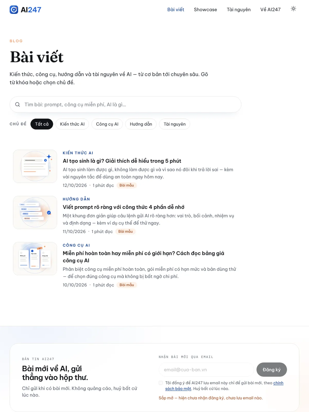 Ảnh chụp trang Bài viết của AI247 với ô tìm kiếm, chip chủ đề và danh sách bài có ảnh bìa.