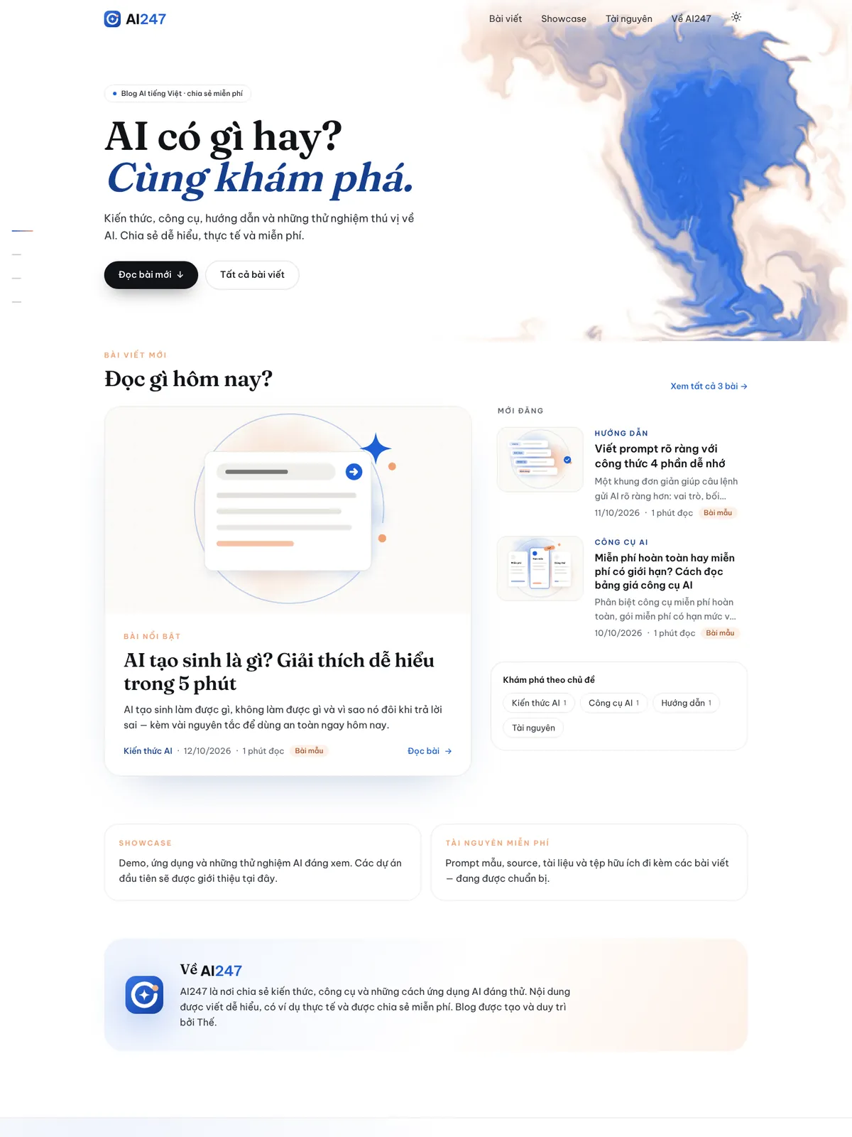 Ảnh chụp trang chủ AI247: tiêu đề “AI có gì hay? Cùng khám phá.”, khối mực xanh–cam và các bài viết mới.